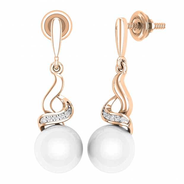 8mm Round Cultured Freshwater Pearl & 0.06CT Round White Diamond Twisted Swirl Screwback Drop Earrings for Women in 14K Rose Gold