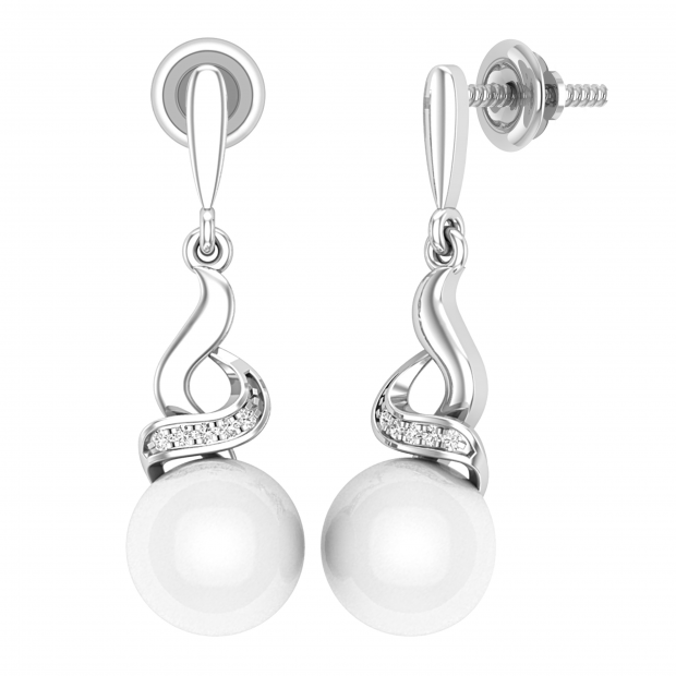 8mm Round Cultured Freshwater Pearl & 0.06CT Round White Diamond Twisted Swirl Screwback Drop Earrings for Women in 14K White Gold