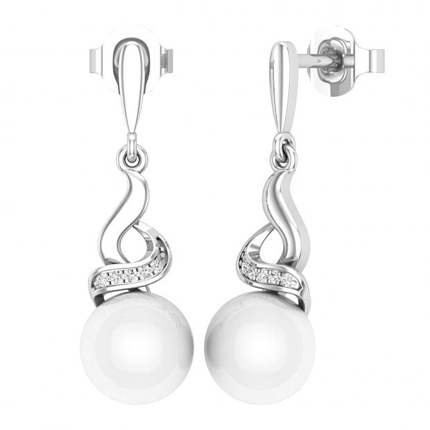 8mm Round Cultured Freshwater Pearl & 0.06CT Round White Diamond Twisted Swirl Pushback Drop Earrings for Women in 925 Sterling Silver