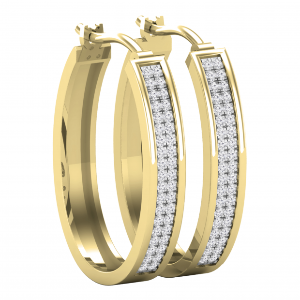 Round White Diamond Two Lines Oval Shaped Hoop Earrings for Women (0.54 ctw Color I-J Clarity I2-I3) in 10K Yellow Gold