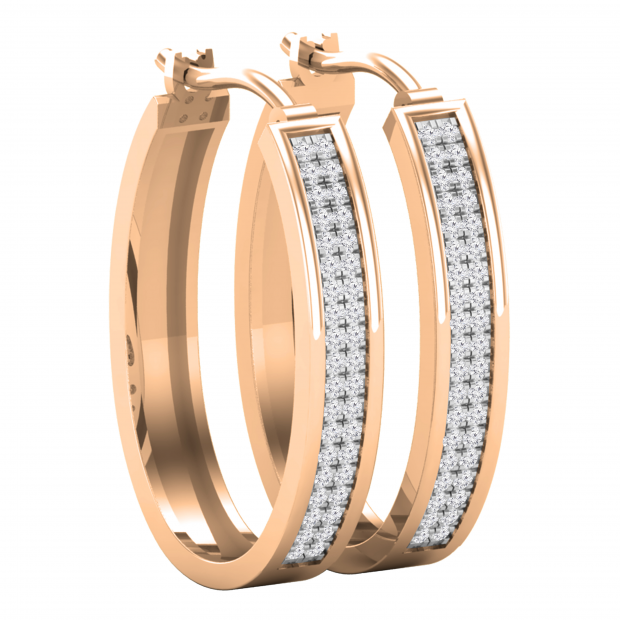 Round White Diamond Two Lines Oval Shaped Hoop Earrings for Women (0.54 ctw Color I-J Clarity I1-I2) in 18K Rose Gold