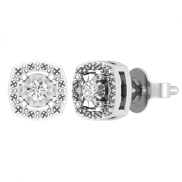 Round White Diamond Cushion Shape Textured Illusion Set Pushback Stud Earrings for Her (0.10 ctw, Color I-J, Clarity I2-I3) in 925 Sterling Silver
