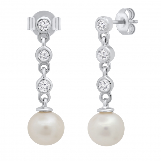 Round 6mm Cultured Freshwater Pearl & 0.17 CT White Diamond Each 3 Stone Linear Push Back Drop Dangle Earrings for Women in 14K White Gold