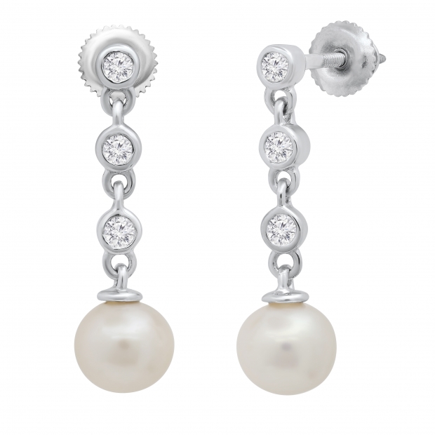 Round 6mm Cultured Freshwater Pearl & 0.17 CT White Diamond Each 3 Stone Linear Screw Back Drop Dangle Earrings for Women in 925 Sterling Silver