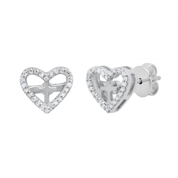 Round White Diamond Open Heart Cross Stud Earrings for Her (0.10 ctw, Color I-J, Clarity I2-I3) in 925 Sterling Silver in Push Back