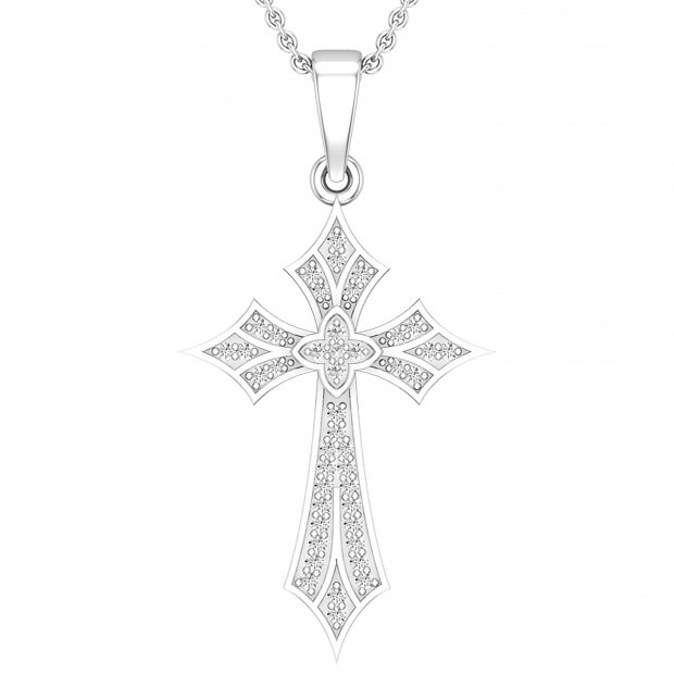 Round White Diamond Flower Cross Pendant with 18 Inch Silver Chain for Women (0.13 ctw, Color I-J, Clarity I2-I3) in 925 Sterling Silver