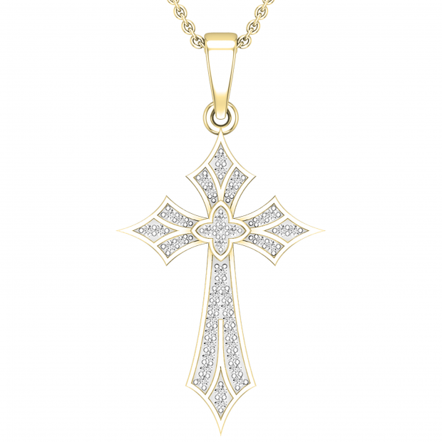 Round White Diamond Flower Cross Pendant with 18 Inch Gold Chain for Women (0.13 ctw, Color I-J, Clarity I1-I2) in 18K Yellow Gold