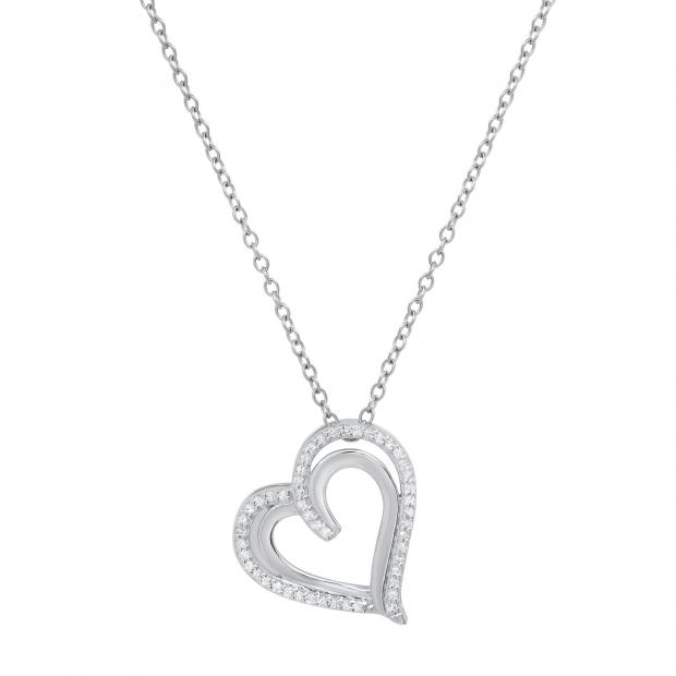 Round White Diamond Double Heart Love Slider Pendant with Silver Chain for Women (0.20 ctw Color I-J Clarity I2-I3) in 925 Sterling Silver
