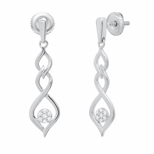 Round White Diamond Twisted Interlock Screwback Drop Earrings for Women (0.11 ctw Color I-J Clarity I2-I3) in 925 Sterling Silver