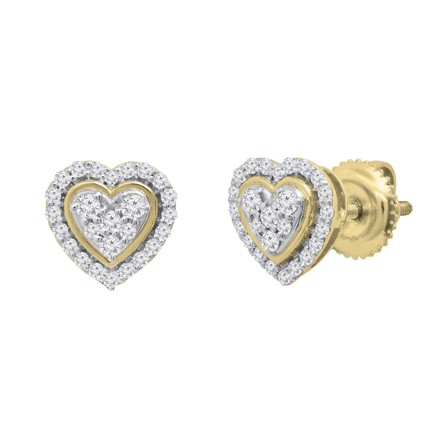 Round White Diamond Outlined Heart Halo Style Screwback Stud Earrings for Women (0.34 ctw Color I-J Clarity I2-I3) in 10K Yellow Gold