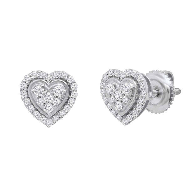Round White Diamond Outlined Heart Halo Style Screwback Stud Earrings for Women (0.34 ctw Color I-J Clarity I2-I3) in 925 Sterling Silver