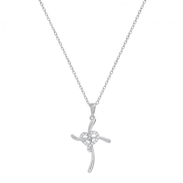 Round White Diamond Heart Swirl Cross Pendant with 18 Inch Silver Chain for Women (0.11 ctw Color I-J Clarity I2-I3) in 10K White Gold