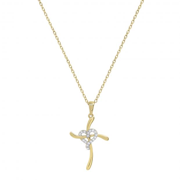 Round White Diamond Heart Swirl Cross Pendant with 18 Inch Gold Chain for Women (0.11 ctw Color I-J Clarity I2-I3) in 10K Yellow Gold