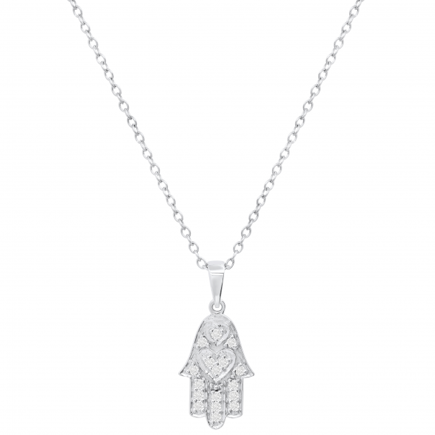 Round White Diamond Hamsa Hand Double Heart Dainty Pendant for Women with 18 Inch Silver Chain (0.19 ctw, Color I-J, Clarity I2-I3) in 925 Sterling Silver