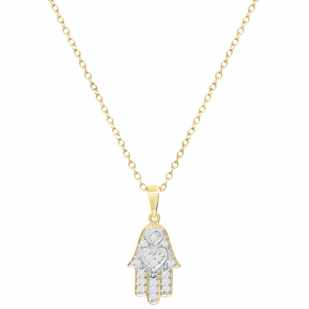 Round White Diamond Hamsa Hand Double Heart Dainty Pendant for Her with 18 Inch Gold Chain (0.19 ctw, Color I-J, Clarity I1-I2) in 18K Yellow Gold