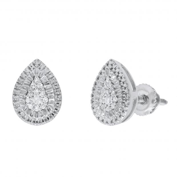 Round White & Metal Diamond Teardrop Shape Stud Earrings for Women (0.11 ctw, Color I-J, Clarity I2-I3) in 925 Sterling Silver in Screw Back