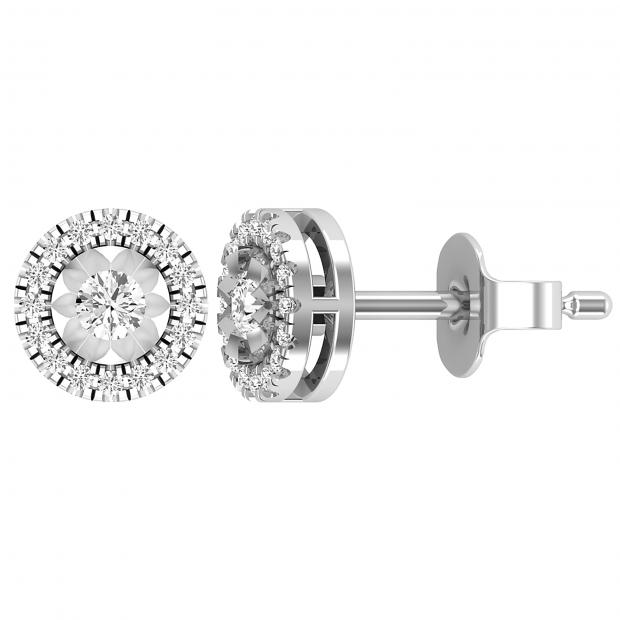 Round White Diamond Flower Halo Style Pushback Stud Earrings for Her (0.28 ctw Color I-J Clarity I2-I3) in 925 Sterling Silver
