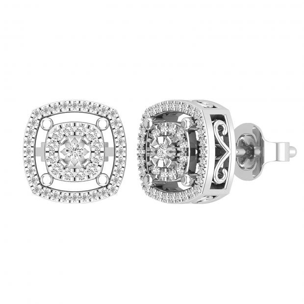 Round White Diamond Double Cushion Shape Flower Pushback Stud Earrings for Her (0.28 ctw Color I-J Clarity I2-I3) in 925 Sterling Silver