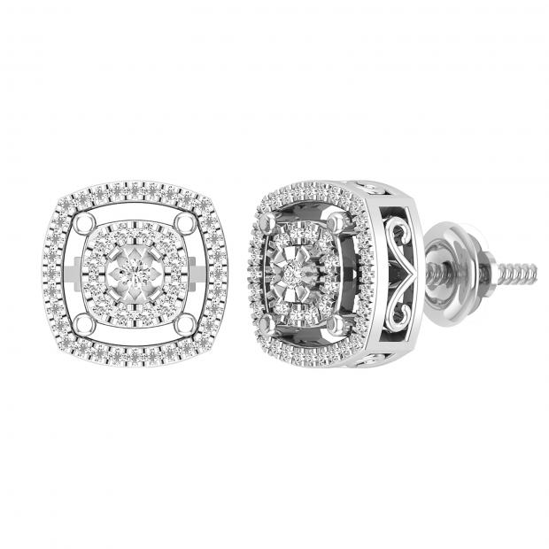 Round White Diamond Double Cushion Shape Flower Screwback Stud Earrings for Her (0.28 ctw Color I-J Clarity I2-I3) in 925 Sterling Silver