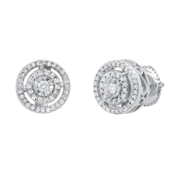 0.25 ctw Round White Diamond Double Circle Illusion Set Screwback Stud Earrings for Women10K White Gold