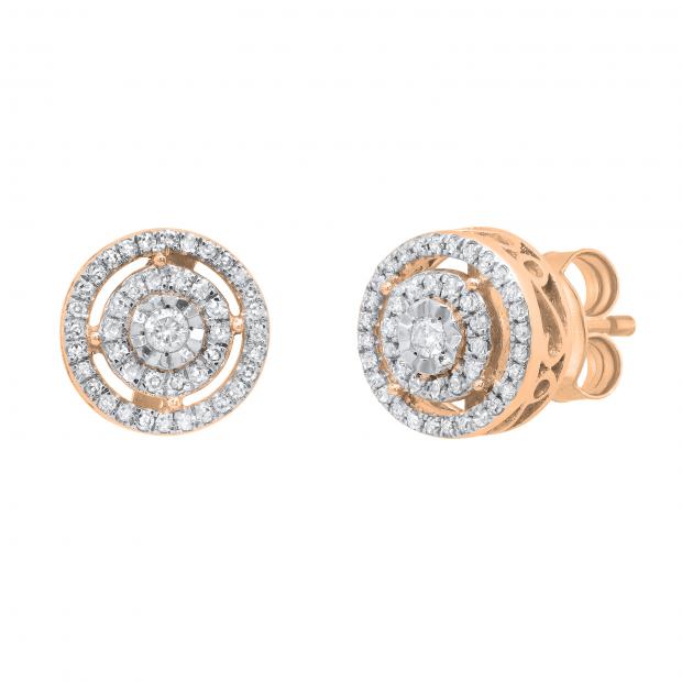 0.25 ctw Round White Diamond Double Circle Illusion Set Pushback Stud Earrings for Women18K Rose Gold