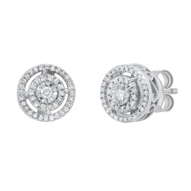0.25 ctw Round White Diamond Double Circle Illusion Set Pushback Stud Earrings for Women in 925 Sterling Silver