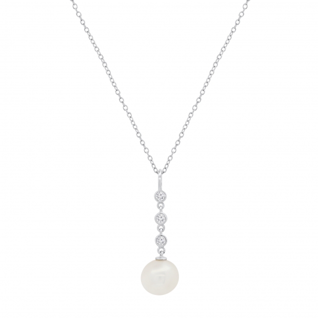 10mm Freshwater Pearl & 0.18 ctw Round White Diamond 3 Stone Drop Down Pendant with 18 Inch Silver Chain for Women in 925 Sterling Silver