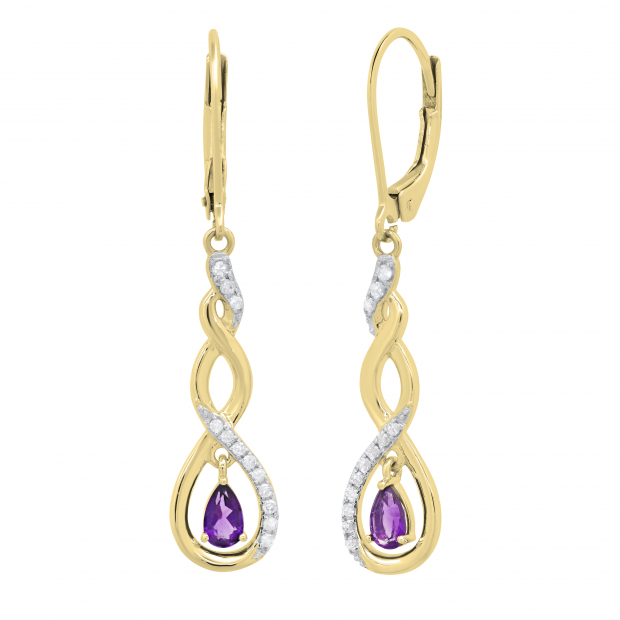 5X3mm Each Pear Shaped Amethyst & 0.17 CT Round White Diamond Infinity Twist Halo Teardrop Lever Back Dangle Earrings for Women in 10K Yellow Gold