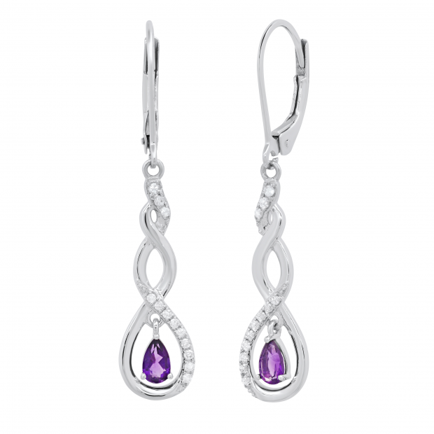 5X3mm Each Pear Shaped Amethyst & 0.17 CT Round White Diamond Infinity Twist Lever Back Dangle Earrings for Women in 925 Sterling Silver