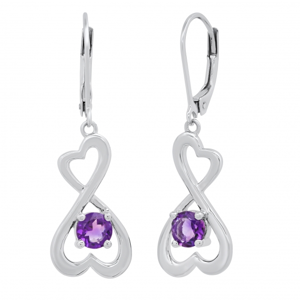 Round Amethyst Double Heart Infinity Twist Lever Back Dangle Earrings for Women (Color Purple Clarity Moderately Included) in 925 Sterling Silver