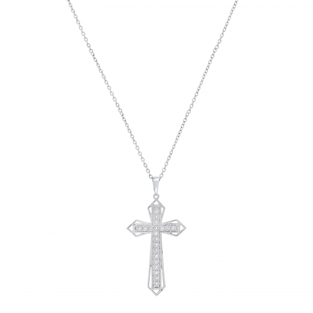 Round White Diamond Religious Gothic Cross Pendant with 18 Inch Silver Chain for Women (0.10 ctw, Color I-J, Clarity I2-I3) in 925 Sterling Silver