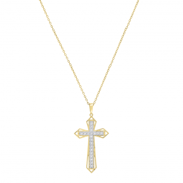 Round White Diamond Religious Gothic Cross Pendant with 18 Inch Gold Chain for Women (0.10 ctw, Color I-J, Clarity I1-I2) in 18K Yellow Gold