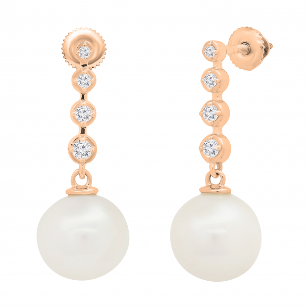 Round 10mm Cultured Freshwater Pearl & 0.21 CT White Diamond Each Graduating Dangle Drop Screw Back Earrings for Women in 18K Rose Gold