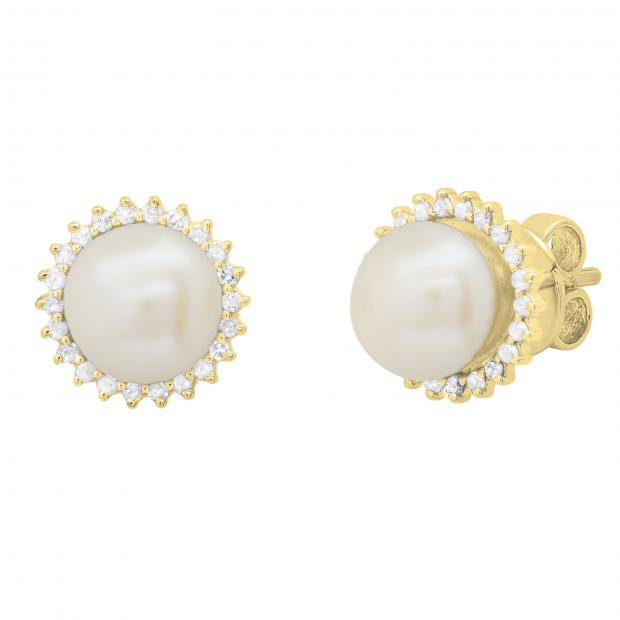 Round 7mm Freshwater Cultured Pearl with 0.19 CT White Diamond Halo Style Pushback Stud Earrings for Women in 10K Yellow Gold