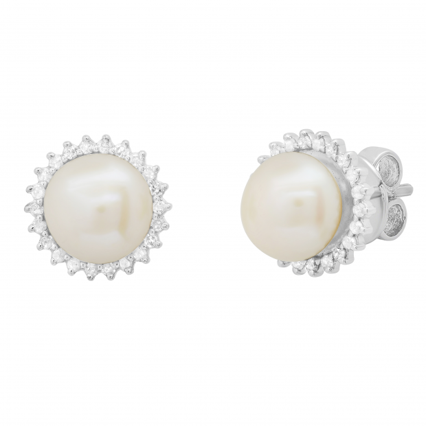 Round 7mm Freshwater Cultured Pearl with 0.19 CT White Diamond Halo Style Pushback Stud Earrings for Women in 925 Sterling Silver