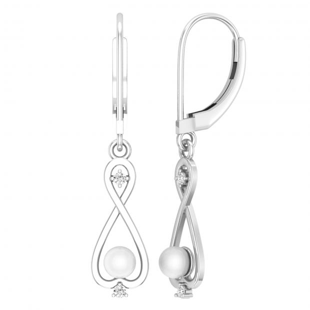 Round 4mm Cultured Freshwater Pearl & White Diamond Infinity Dangle Drop Leverback Earrings For Women (White Diamond- 0.06 ctw Color I-J & Clarity I1-I2) in 14K White Gold