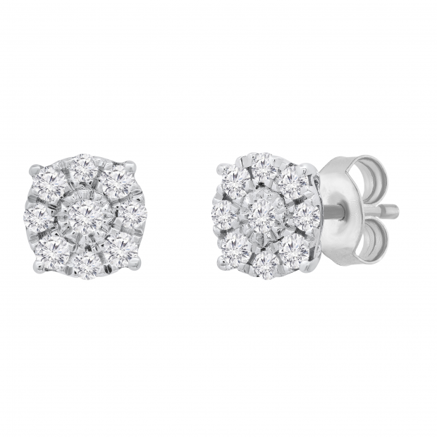 Round White Diamond Halo Illusion Set Pushback Stud Earrings for Women (0.27 ctw, Color I-J, Clarity I2-I3) in 925 Sterling Silver