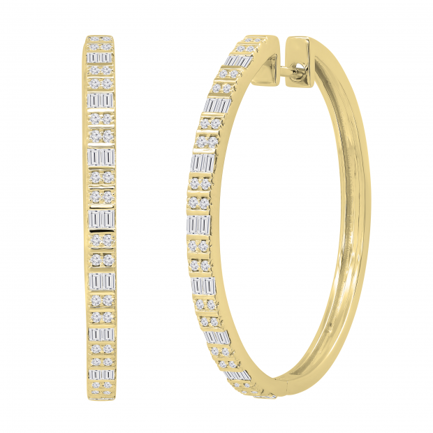 Alternating Baguette & Round White Diamond Ladies Hinged Huggie Hoop Earrings Earrings (0.61 ctw, Color I-J, Clarity I1-I2) in 14K Yellow Gold