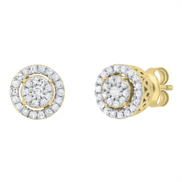 Round White Diamond Double Halo Style Post Stud Earrings for Her (0.24 ctw, Color I-J, Clarity I2-I3) in 10K Yellow Gold in Push Back