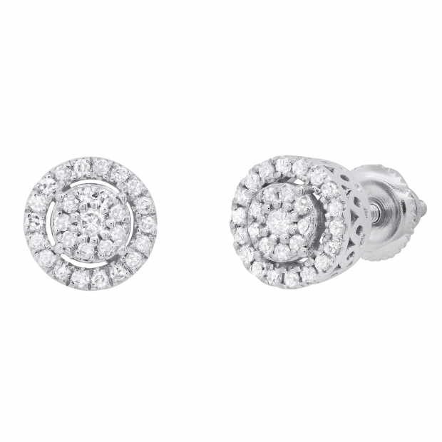 Round White Diamond Double Halo Style Post Stud Earrings for Her (0.24 ctw, Color I-J, Clarity I2-I3) in 925 Sterling Silver in Screw Back