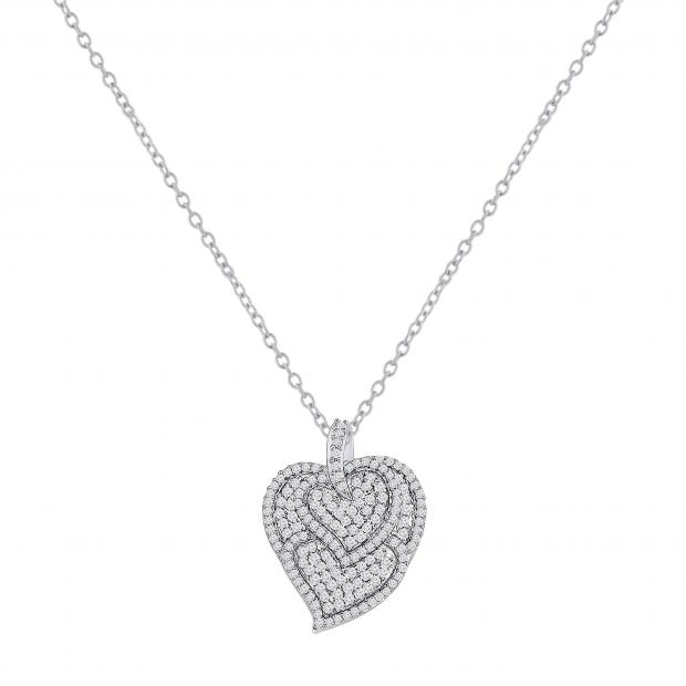 Round White Diamond Triple Heart Outline Pendant for Women with 18 Inch Silver Chain (1.00 ctw, Color I-J, Clarity I1-I2) in 18K White Gold