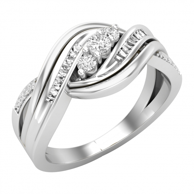 Baguette & Round White Diamond 3 Stone Two Tone Twisted Engagement Ring for Women (0.22 ctw, Color I-J, Clarity I2-I3) in 925 Sterling Silver
