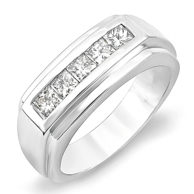 1.00 Carat (ctw) 14k White Gold Brilliant Princess Diamond Channel Mens Ring
