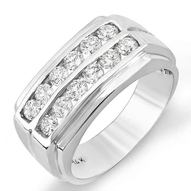 1.20 Carat (ctw) 14k White Gold Round Diamond Mens Wedding Anniversary 2 row Band Ring 1 1/4 CT