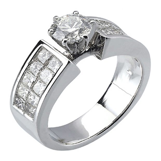 1.50 Carat (ctw) 14k White Gold Round & Princess Diamond Ladies Engagement Bridal Ring with invisible Setting