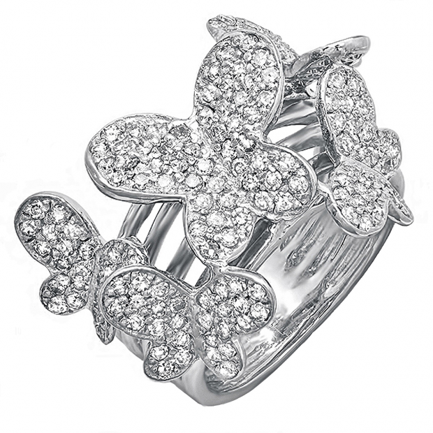 1.35 Carat (ctw) 18k White Gold Round Diamond Ladies Butterfly Cocktail Right Hand Ring