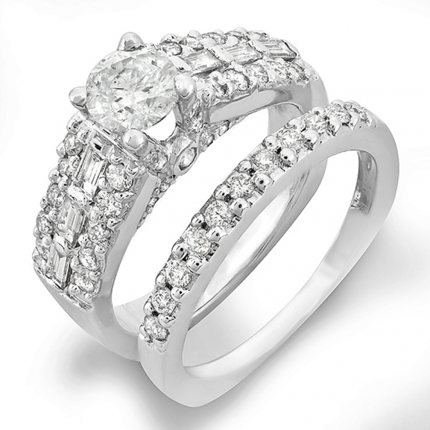 1.30 Carat (ctw) 14k White Gold Round & Baguette Diamond Ladies Bridal Semi Mount Ring Set (No Center Stone)