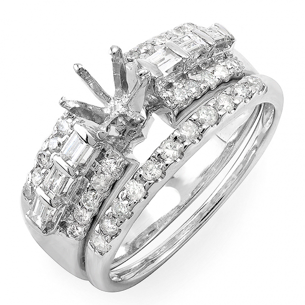 0.75 Carat (ctw) 14k White Gold Round & Baguette Diamond Ladies Bridal Semi Mount Ring Set (No Center Stone)