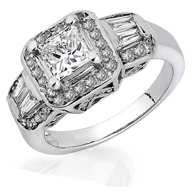 1.15 Carat (ctw) 14K White Gold Princess Round & Baguette Cut Diamond 3 Stone Ladies Engagement Ring Center 0.74 CT