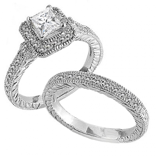0.60 Carat (ctw) 14k White Gold Princess & Round Diamond Ladies Bridal Engagement Ring Set (No Center Stone)